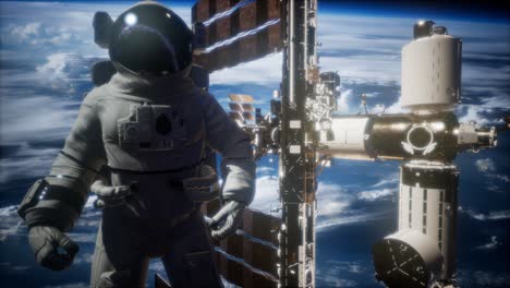 Internationale-Raumstation-Und-Astronaut-Im-Weltraum-über-Dem-Planeten-Erde